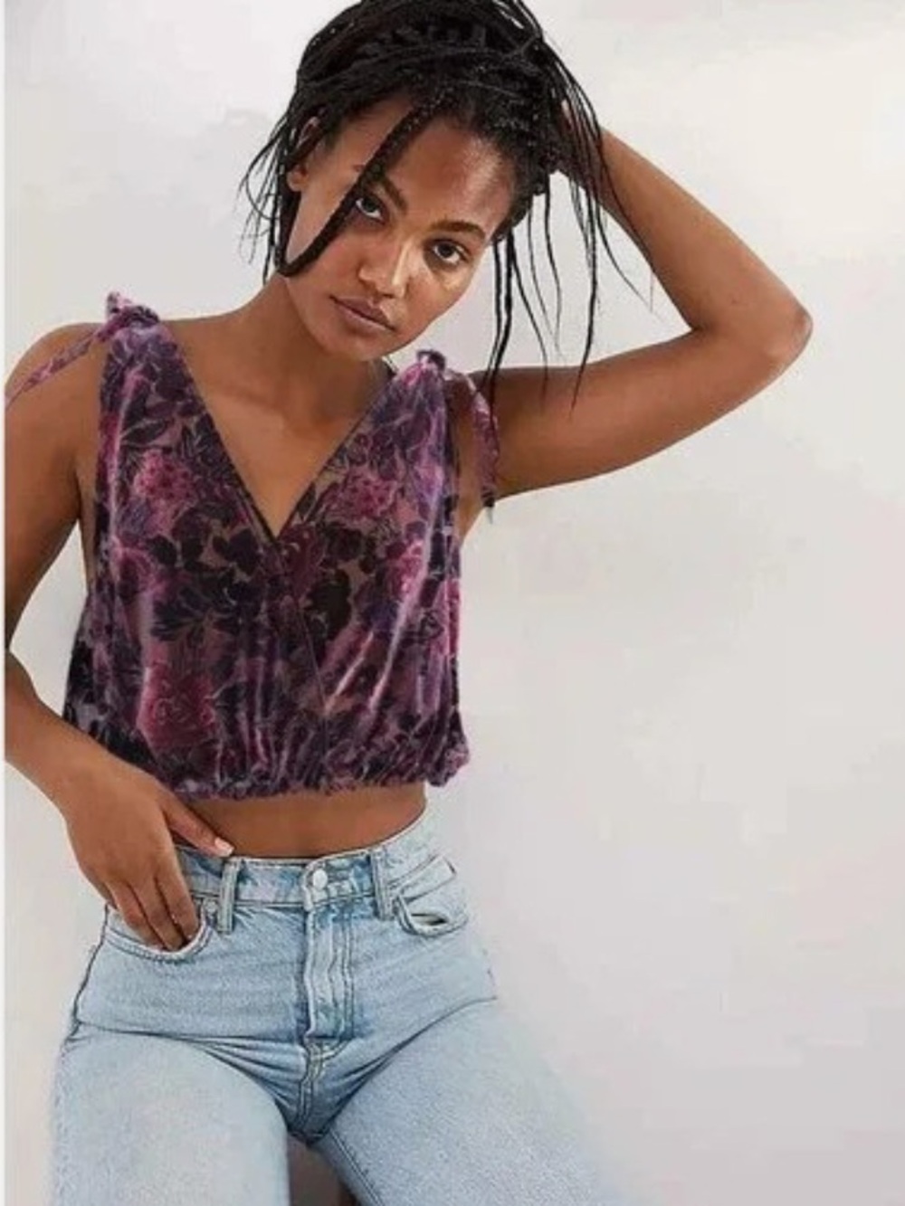 Free People sheer Purple Floral Velvet Tie-Shoulder Crop Tank
